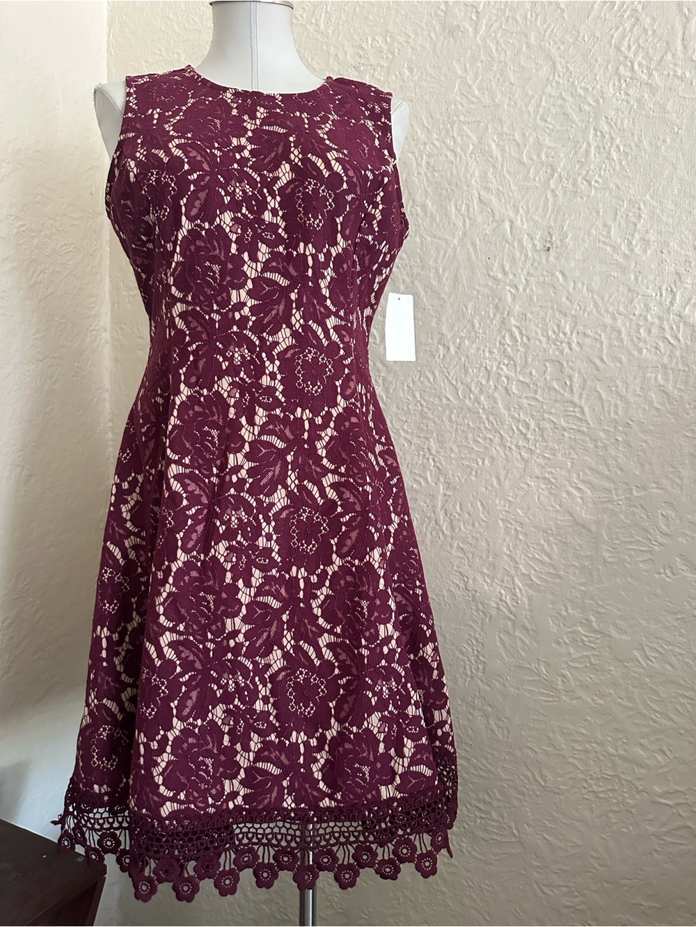 Donna Ricco Berry Purple Lace Nude Beige Dress 10 NWT
